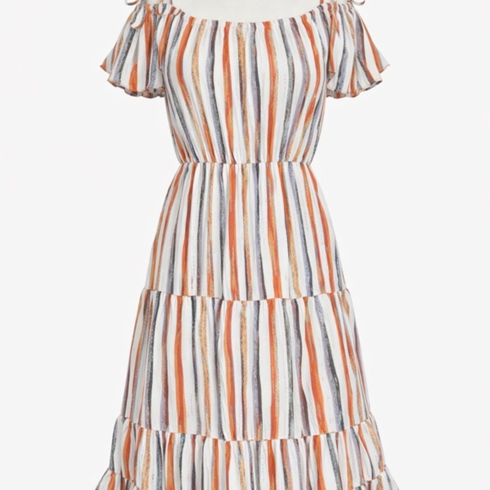 Cotton Bleu Striped Tiered Midi Dress · Ruffle Sleeves · Women’s Medium